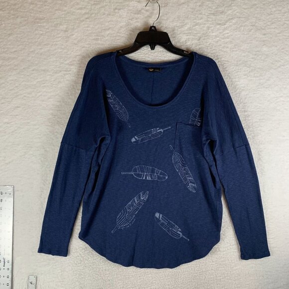 Life is Good Thermal Top Womens Large Blue Cotton Feather Print Relaxed Fit 9619 - Picture 1 of 7